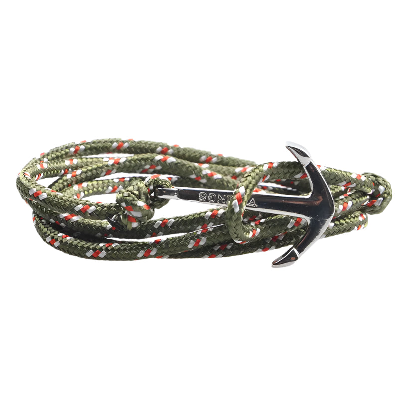 Green braided bracelet with silver anchor charm on a white background.