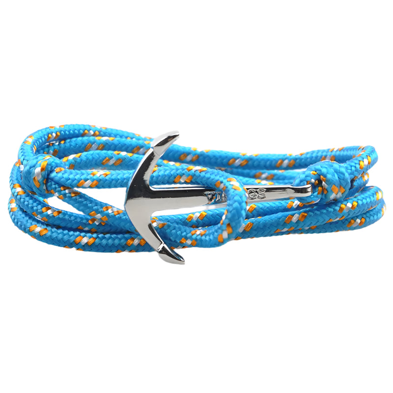Blue rope with silver anchor on a white background.