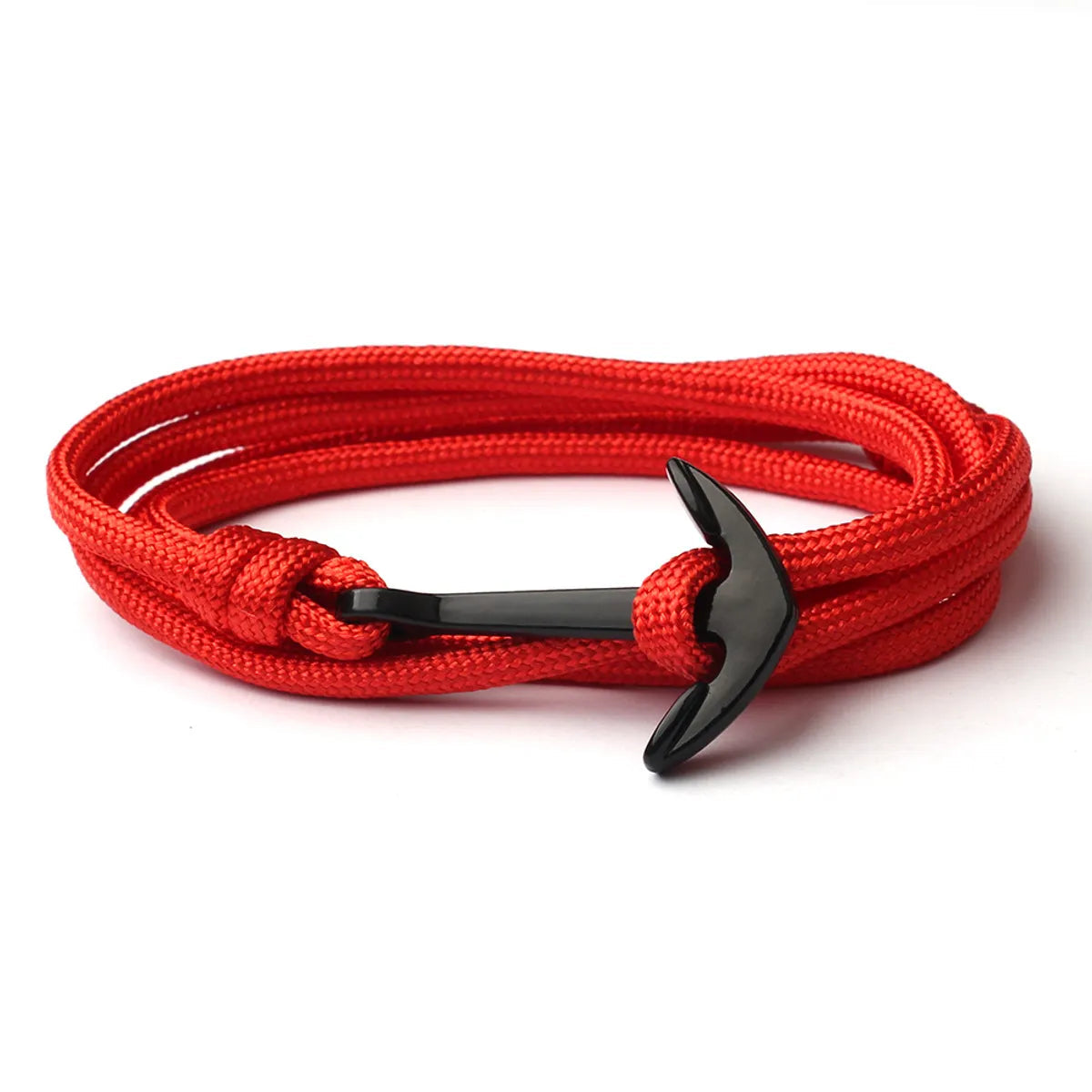 Red rope bracelet with a black anchor clasp on a white background