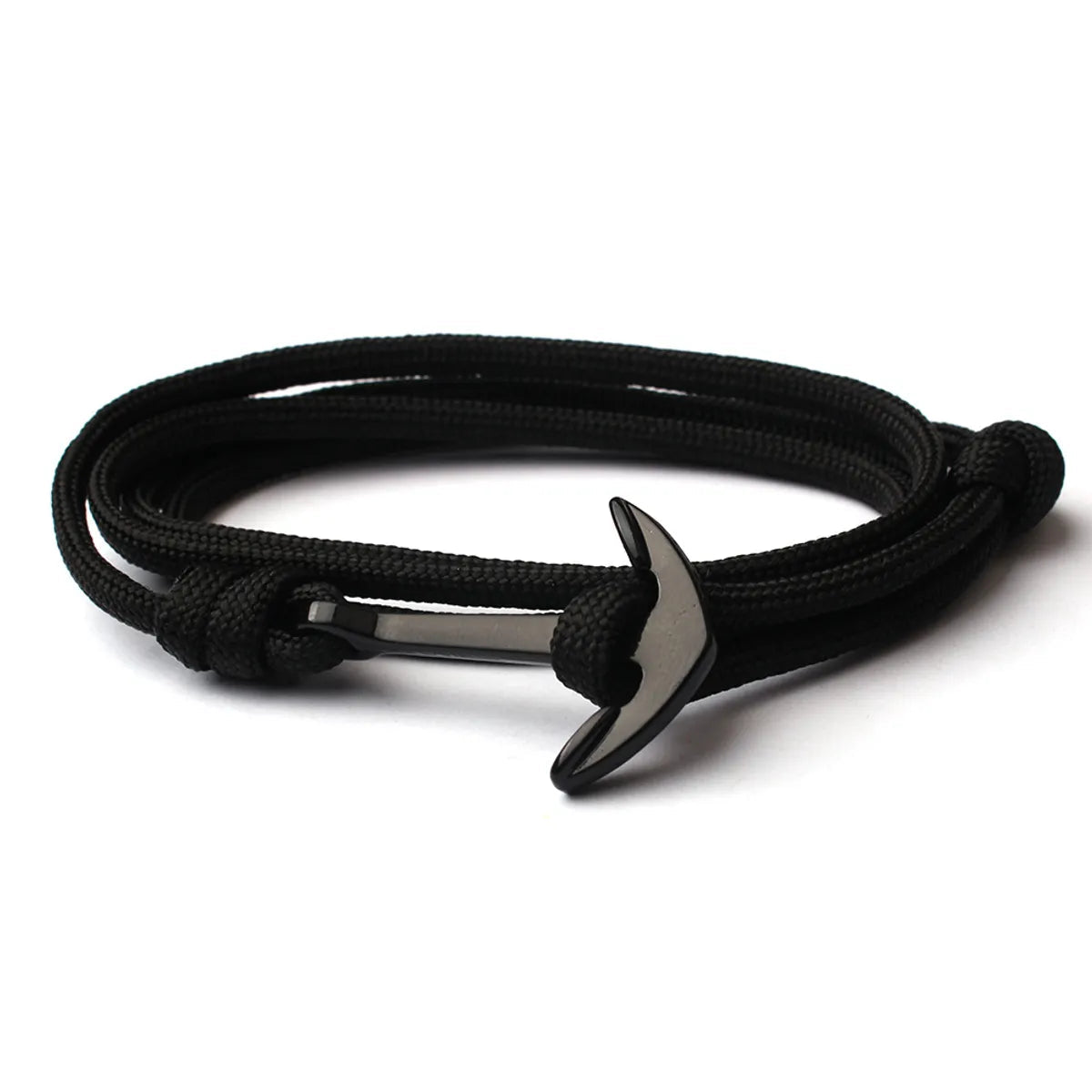 Black rope bracelet with a silver anchor clasp on a white background