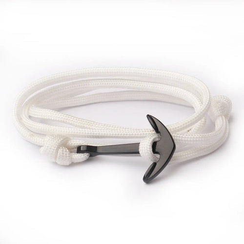 White rope bracelet with a black anchor clasp on a white background
