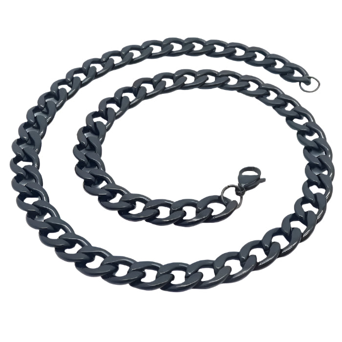 Black chain necklace on a white background.