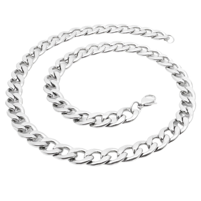 Silver chain necklace on a white background.
